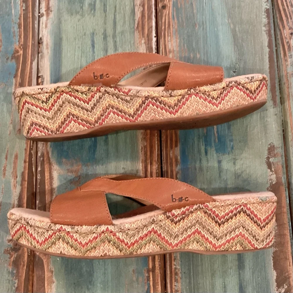 b.o.c. 9 Wedge Leather Sandals Espadrilles Womens Comfort Shoes Brown Multicolor